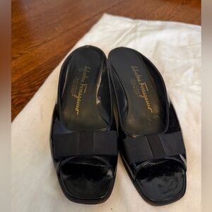 Salvatore Ferragamo Black Patent Leather Bow Mules